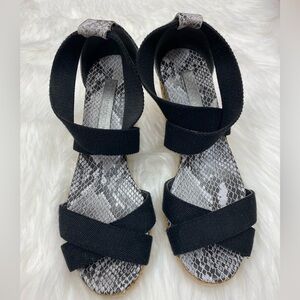 BCBGMaxAzria black snake skin print wedges with elastic straps